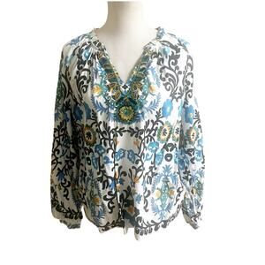 Soft Surroundings Beaded V- Neck Floral Peasant Top Long Sleeve Multicolor Boho